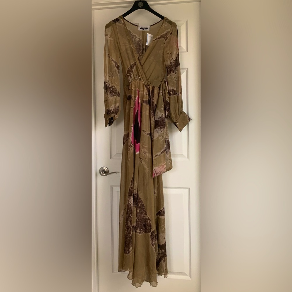 Meghan LA Olive and Pink Abstract Print Wrap Maxi Dress
